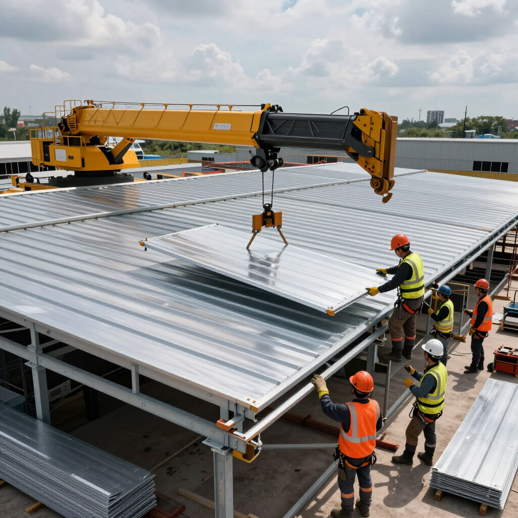 En una obra de construcción, unos trabajadores instalan grandes paneles de techo de metal