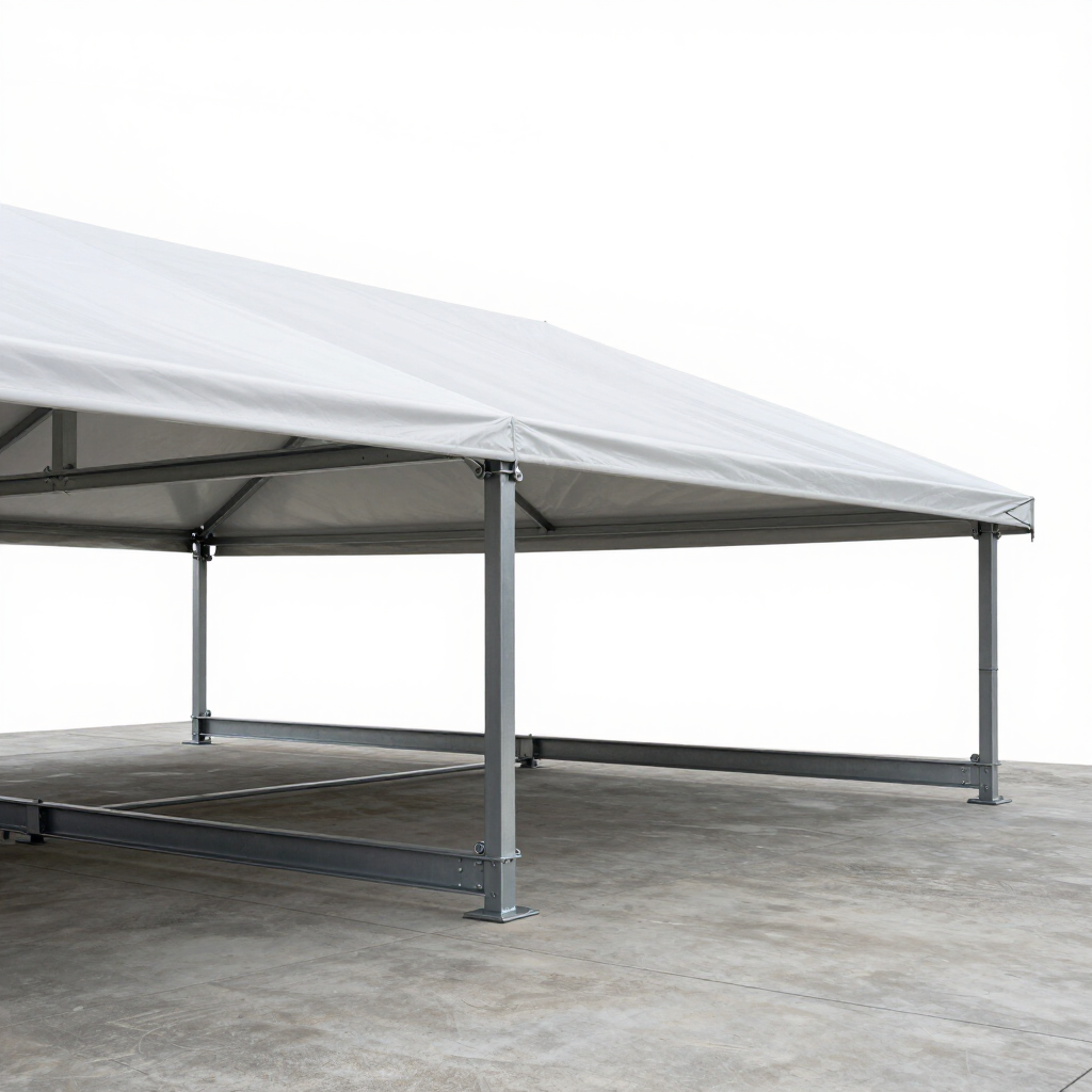 Carpa blanca para exteriores con estructura metálica sobre una superficie de hormigón.
