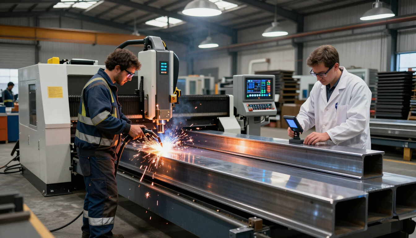 Trabajadores soldando una gran viga de metal en una fábrica, con chispas saltando junto a las máquinas industriales.