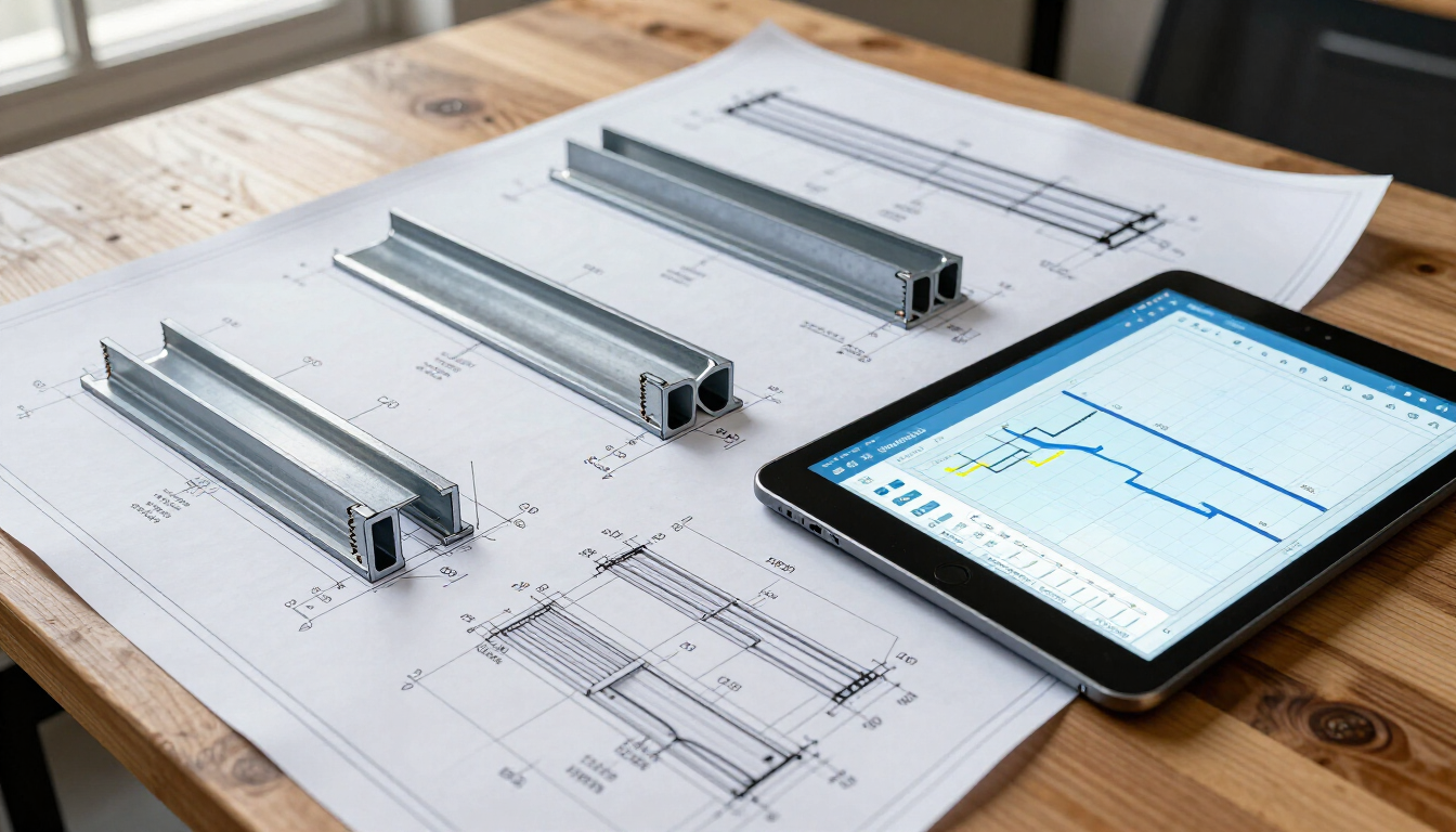 Planos de ingeniería con tres rieles metálicos y una tableta que muestra un gráfico lineal sobre un escritorio de madera.