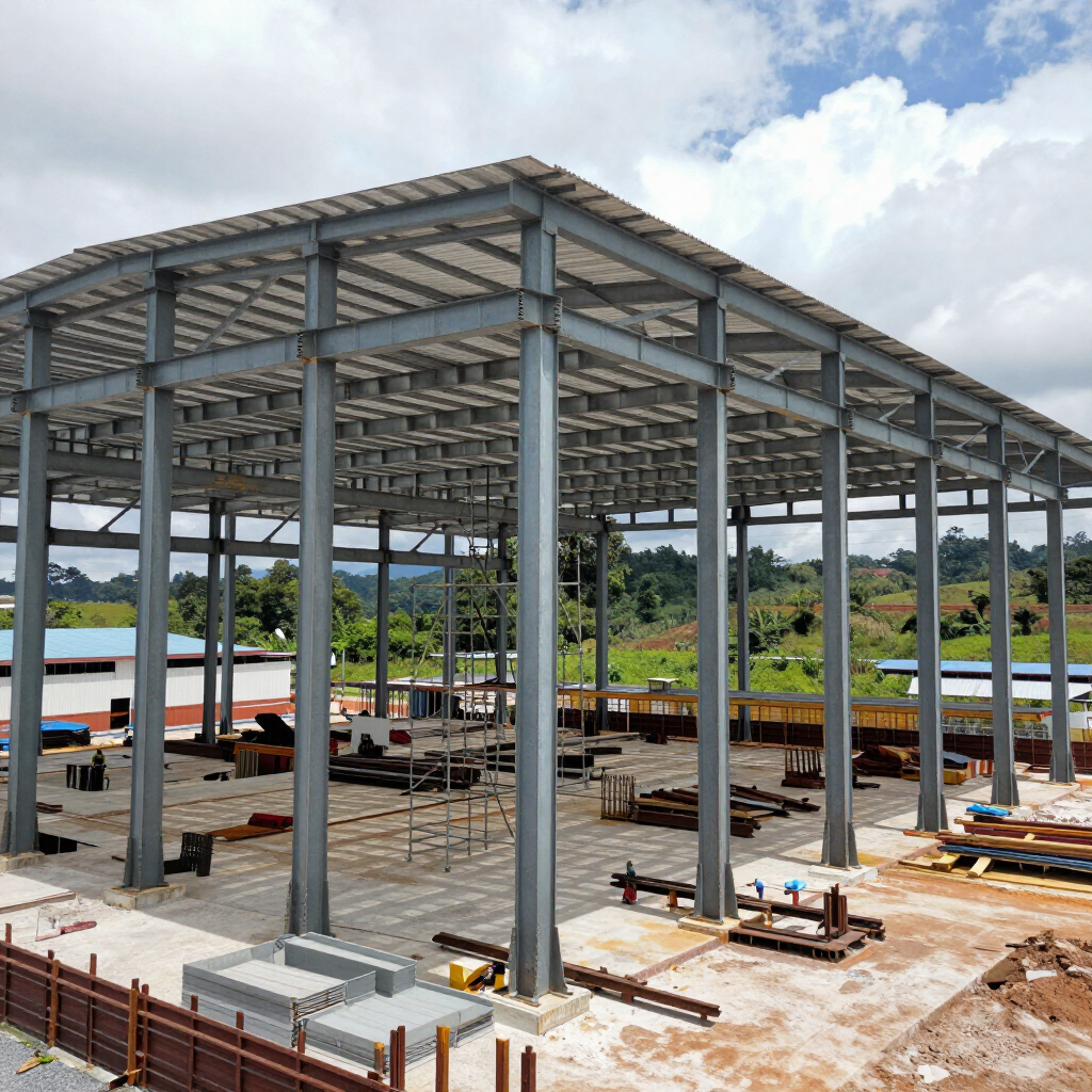 Estructura de acero en construcción sobre cimientos de hormigón, con equipos y materiales en el lugar.