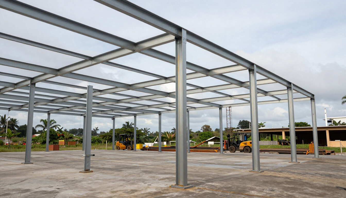 Estructura de acero en construcción sobre un terreno de hormigón, con camiones y árboles al fondo.