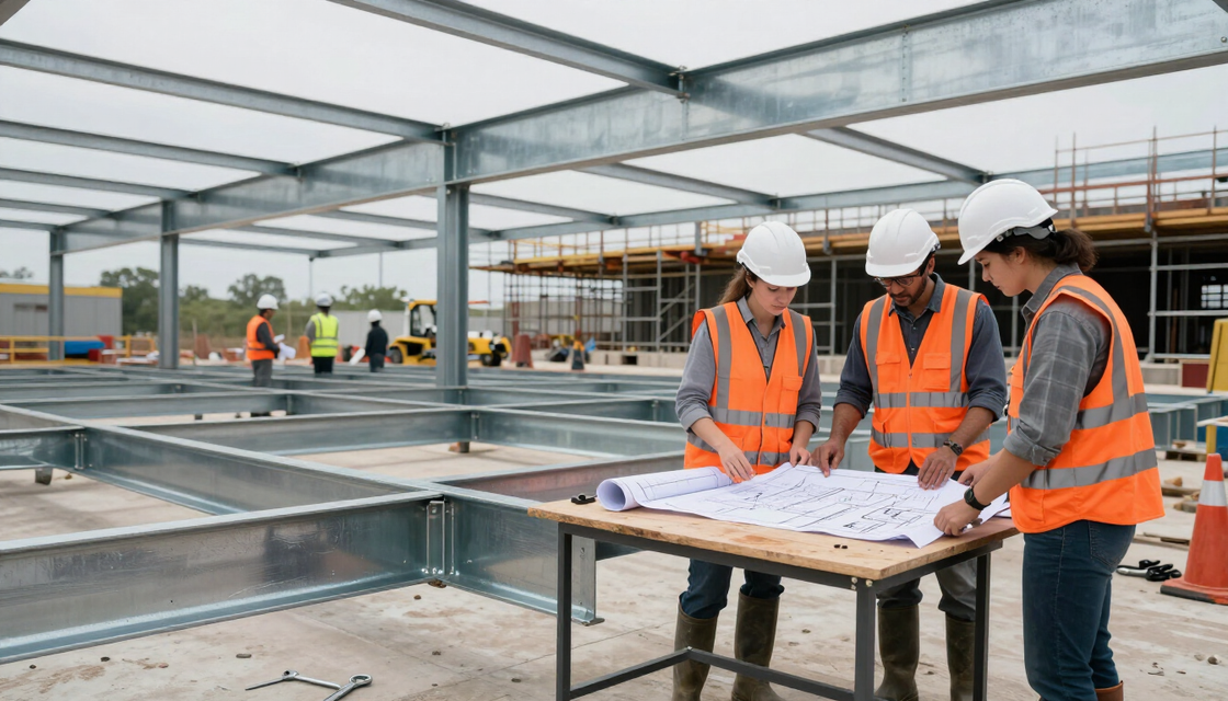 Obreros de la construcción, con chalecos naranjas y cascos, revisan planos en una obra.