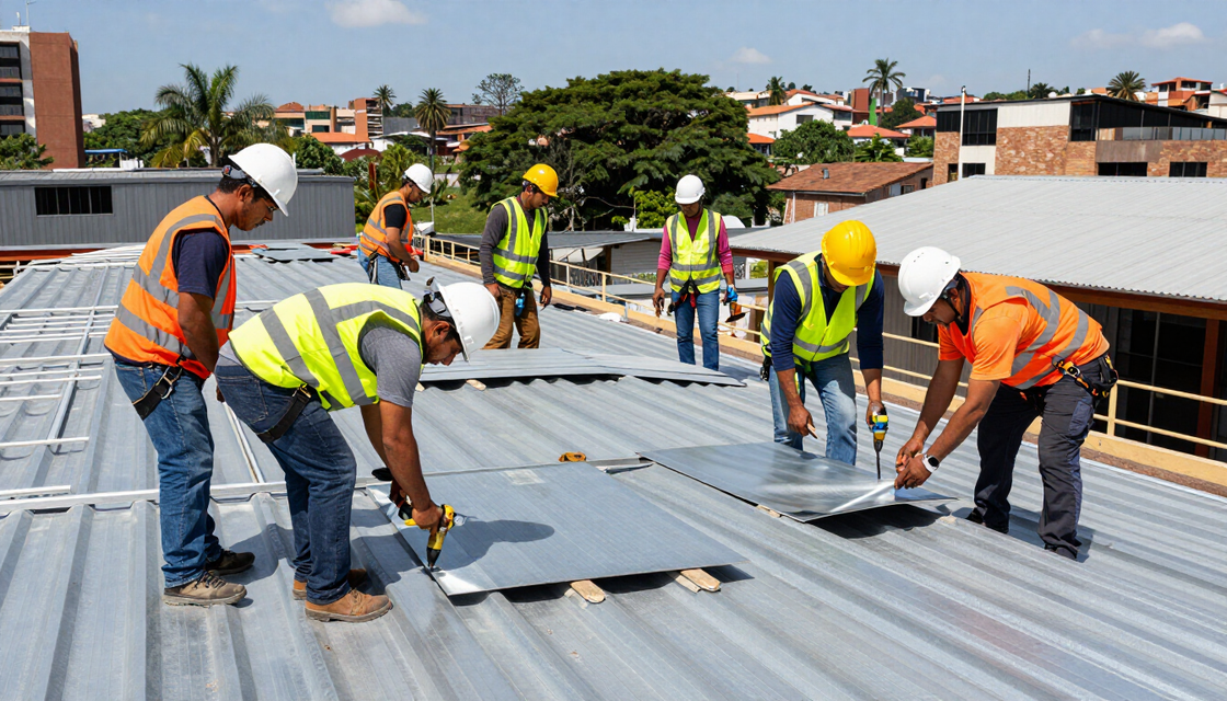 Trabajadores instalando techos metálicos en una azotea, con chalecos de seguridad y cascos.