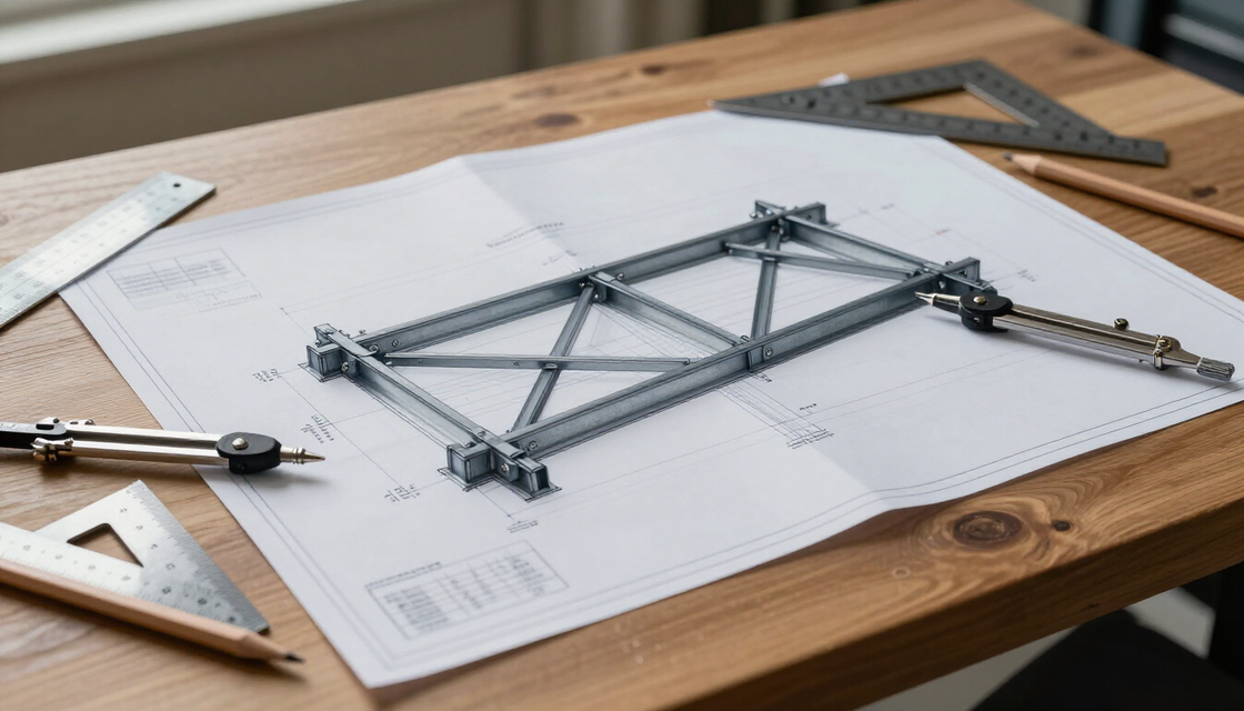 Dibujo técnico sobre un escritorio con una pequeña maqueta de una estructura metálica y herramientas de dibujo.