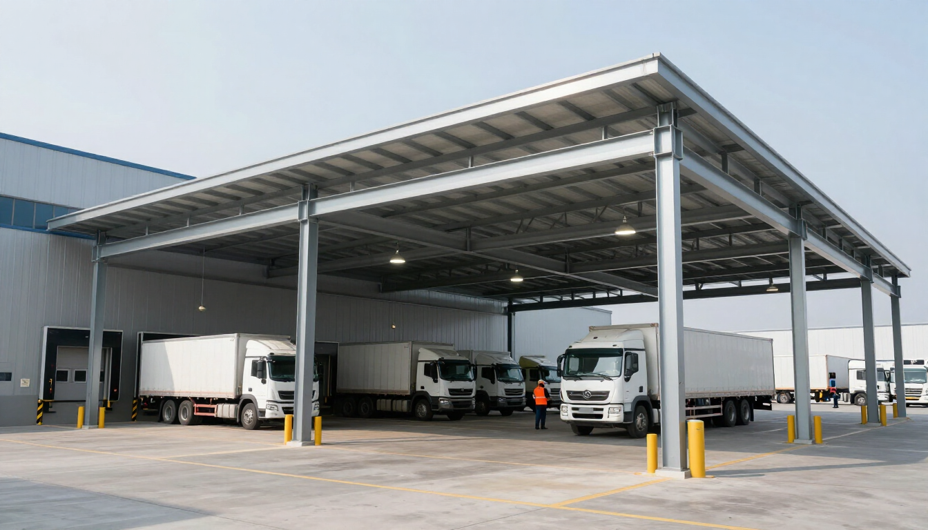 Muelle de carga cubierto con varios camiones blancos estacionados bajo una marquesina metálica.