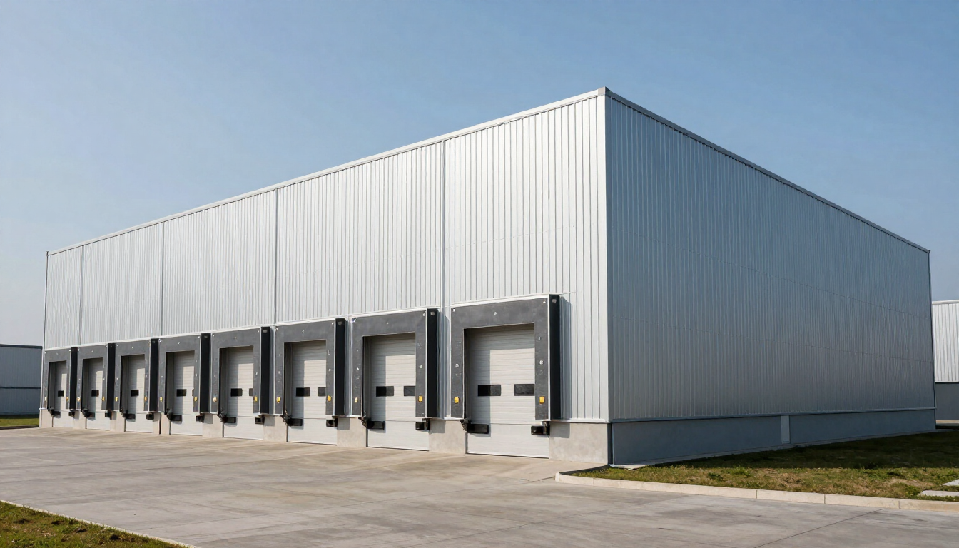 Gran almacén industrial blanco con muelles de carga y puertas de garaje bajo un cielo despejado.