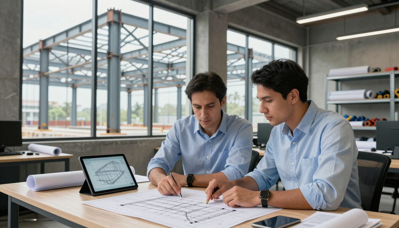 Dos personas revisan planos arquitectónicos en un escritorio en una oficina luminosa, con una tableta cerca.