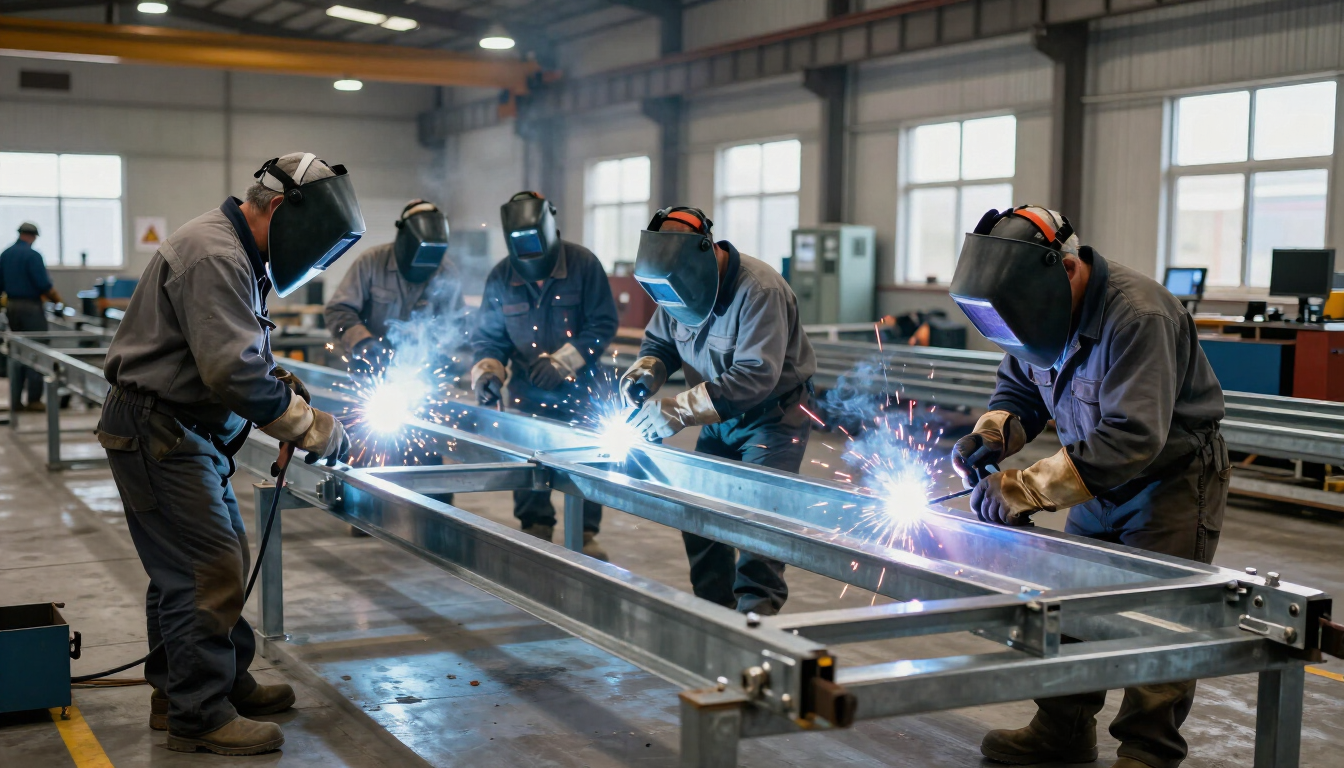 Soldadores con equipo de seguridad trabajando en una gran estructura metálica en un taller industrial; saltan chispas.