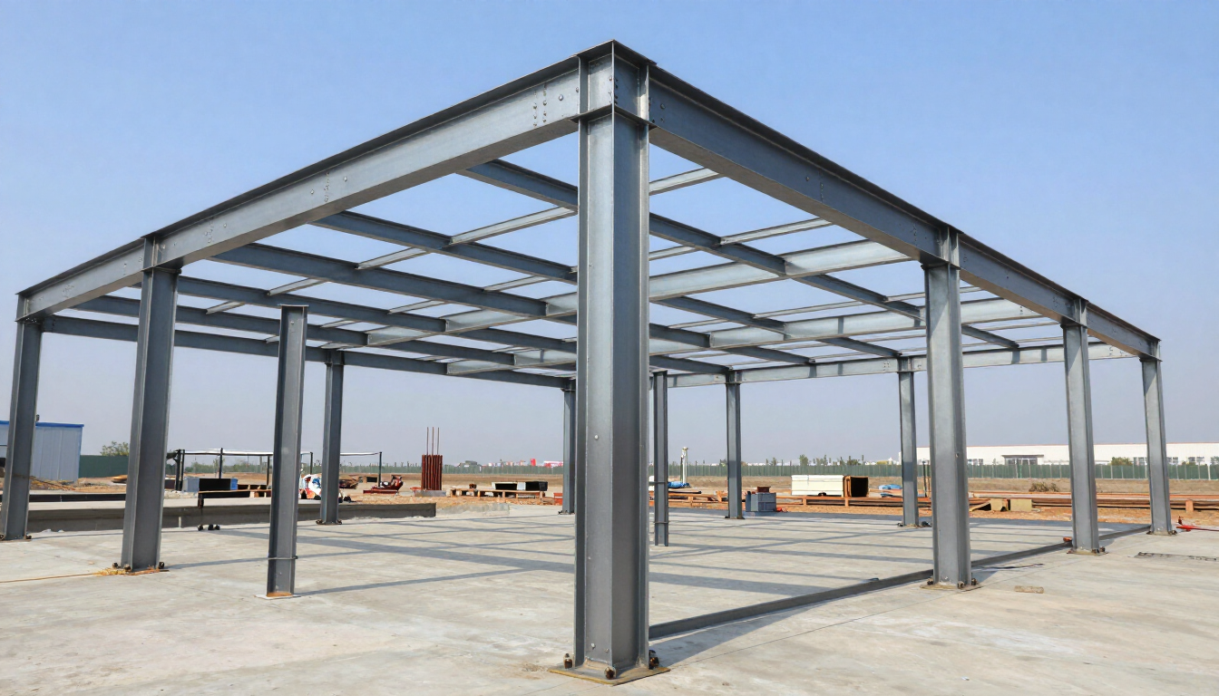 Estructura de acero en construcción sobre un terreno de hormigón, con el cielo abierto al fondo.