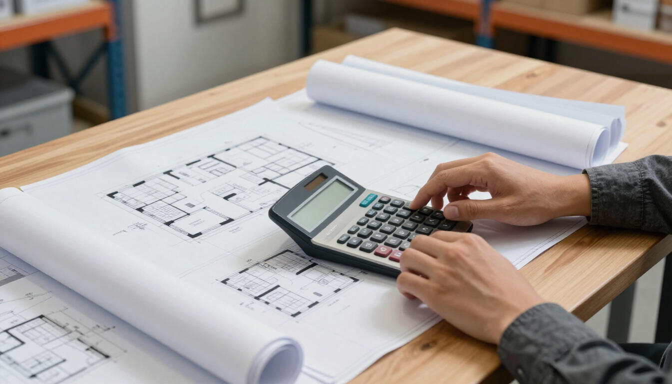 Manos utilizando una calculadora sobre planos arquitectónicos en un escritorio de madera.