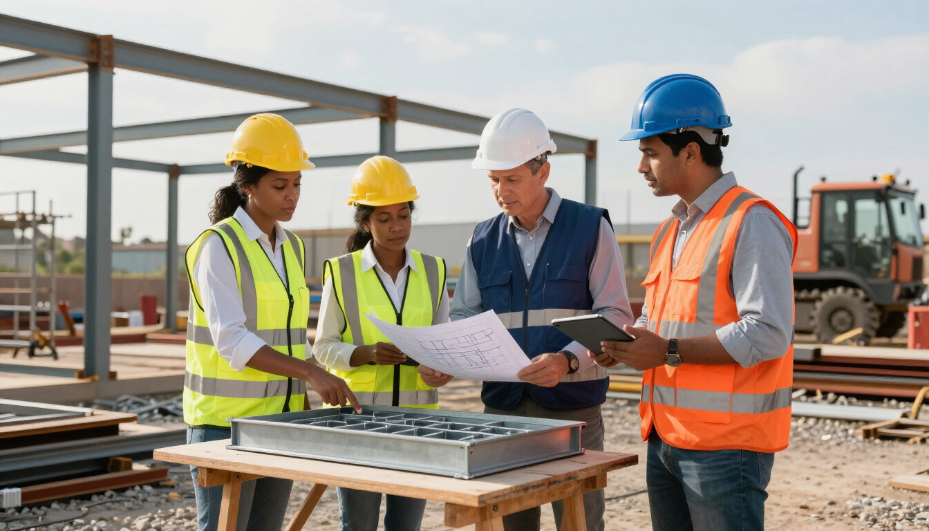 Cuatro obreros de la construcción con cascos revisando planos en una obra.
