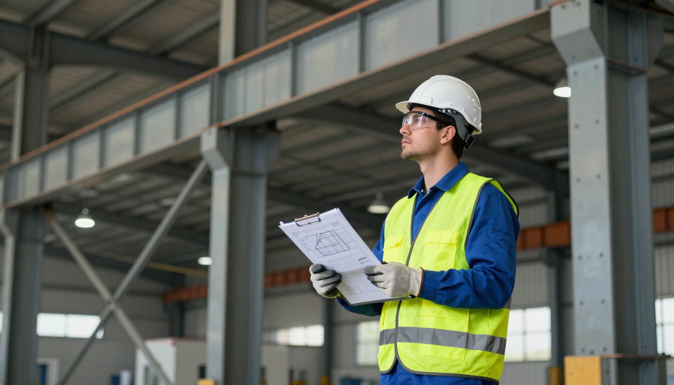 Un trabajador de almacén con casco y chaleco de seguridad revisa la documentación dentro de una instalación industrial.
