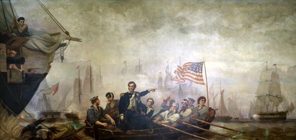 A painting of a group of people in a boat with an american flag.
