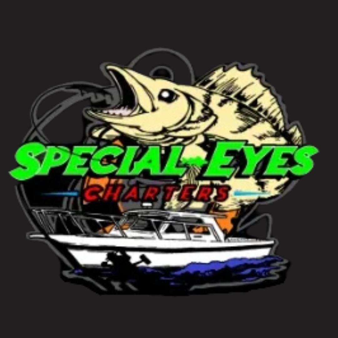A logo for special eyes charters with a boat and a fish