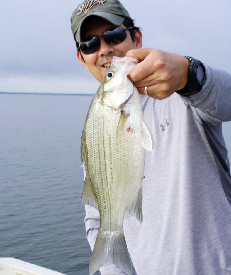 A man wearing sunglasses and a hat with the word snapper on it is holding a fish