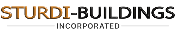 Sturdi-Buildings Incorporated logo in black and gold text with horizontal lines