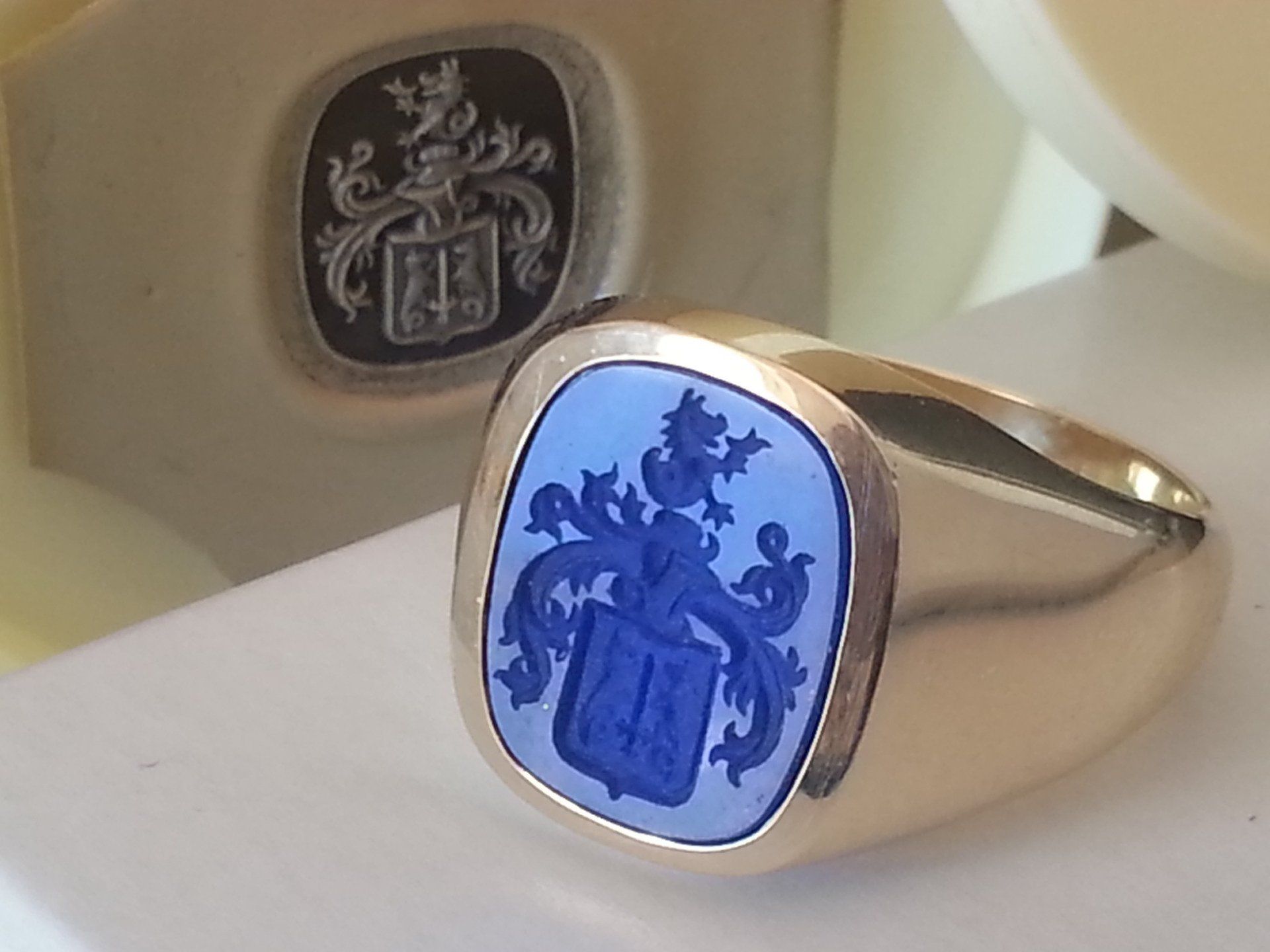 Lapis stone set silver signet ring with crest hand engraved