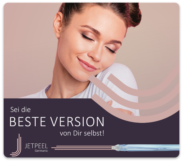 Eine Frau mit geschlossenen Augen ist auf einer Jetpeel-Werbung