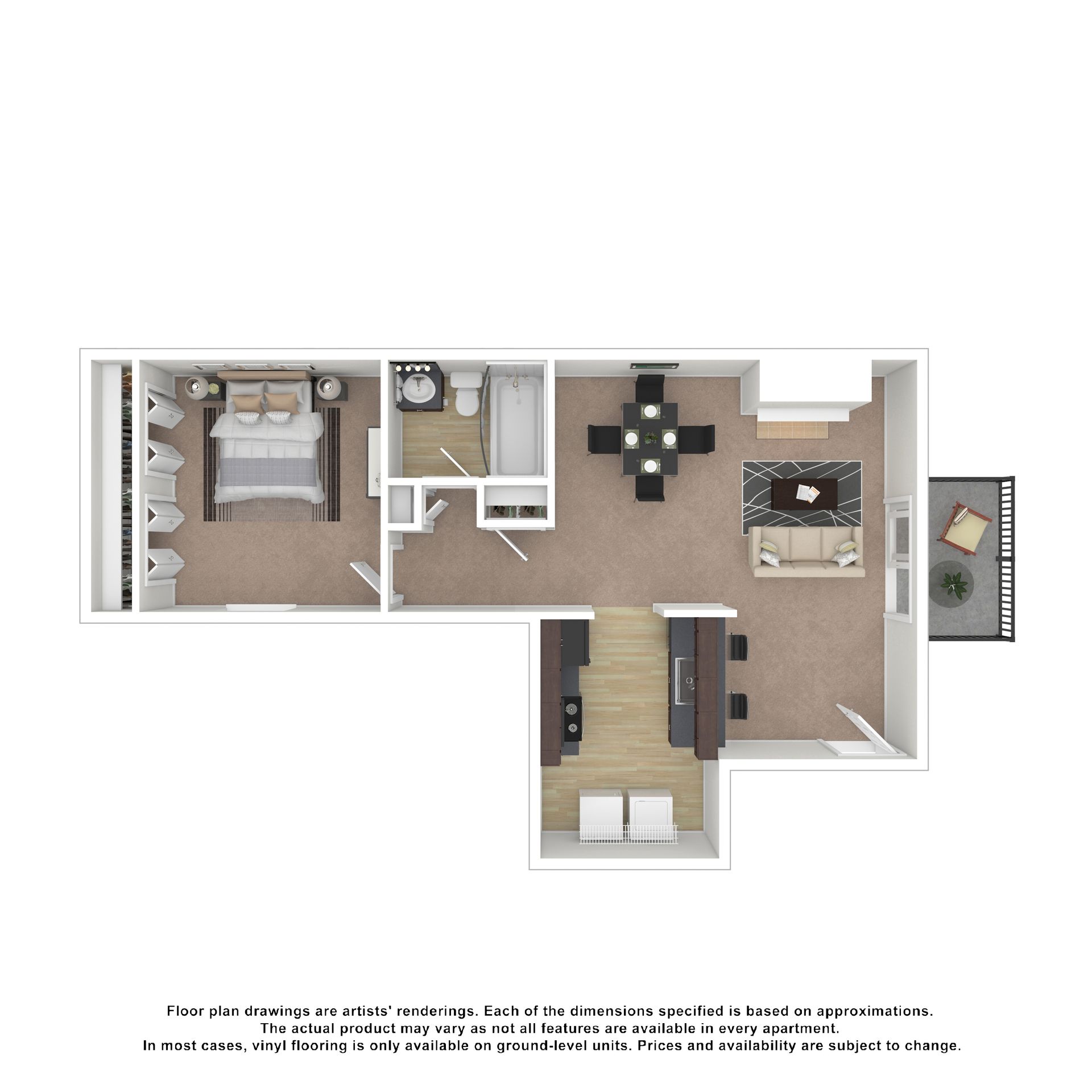 A 2D floor plan of a one-bedroom apartment with a living room, dining area, kitchen, bathroom, and balcony.