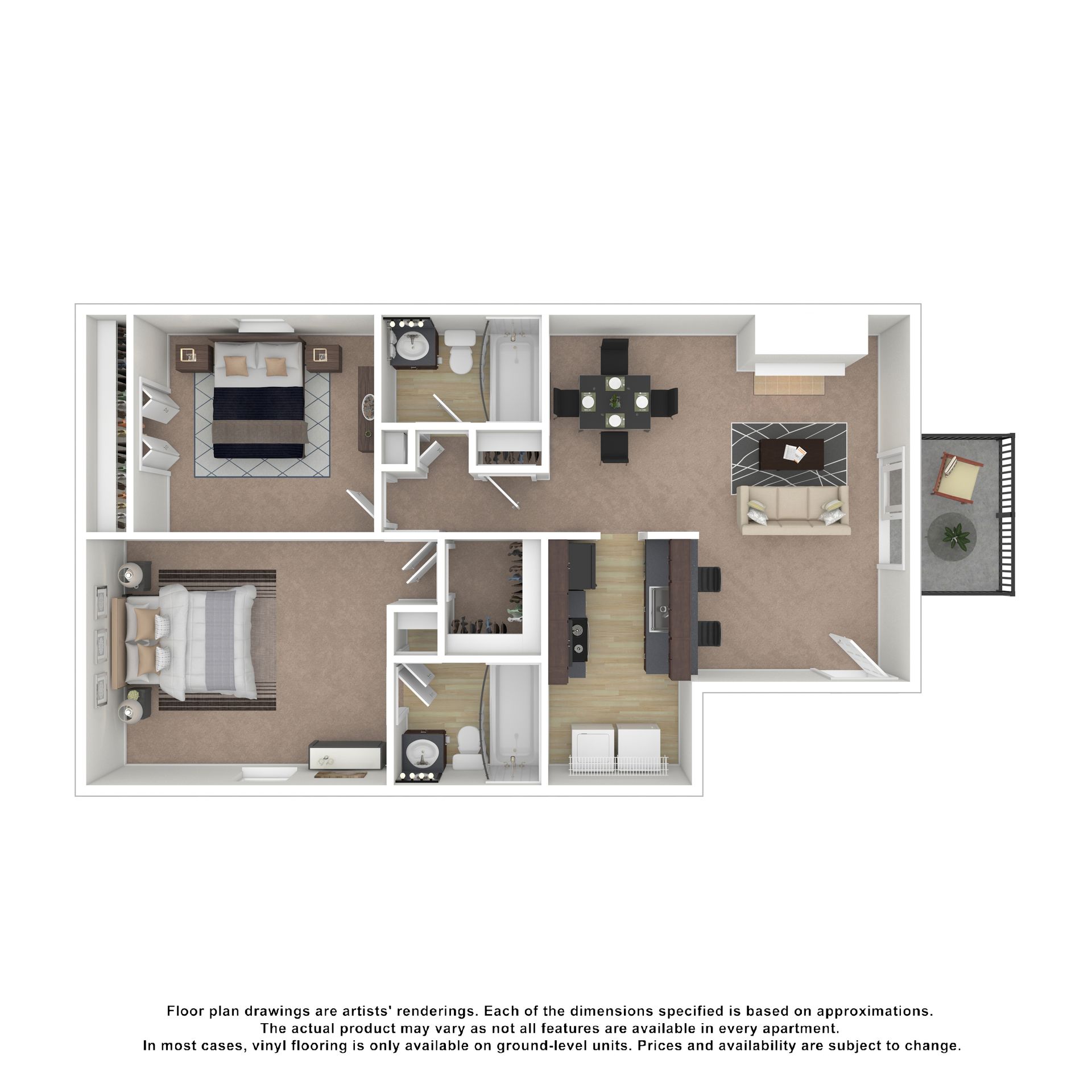 2D floor plan of a two-bedroom apartment with two bathrooms, a kitchen, living room, dining area, and outdoor balcony.