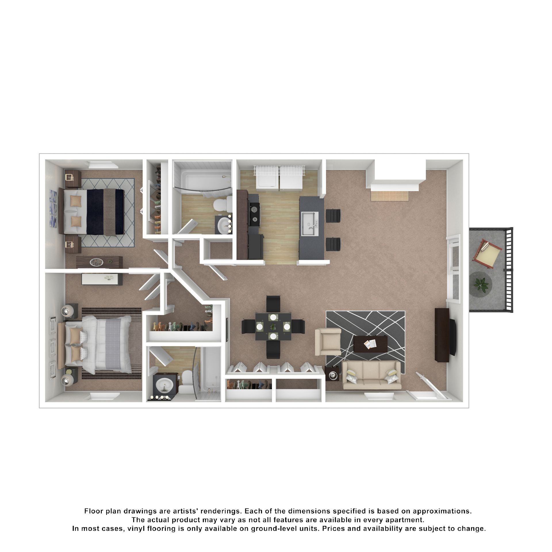 A 2D floor plan of a two-bedroom, two-bathroom apartment featuring an open-concept kitchen, dining area, and living room.