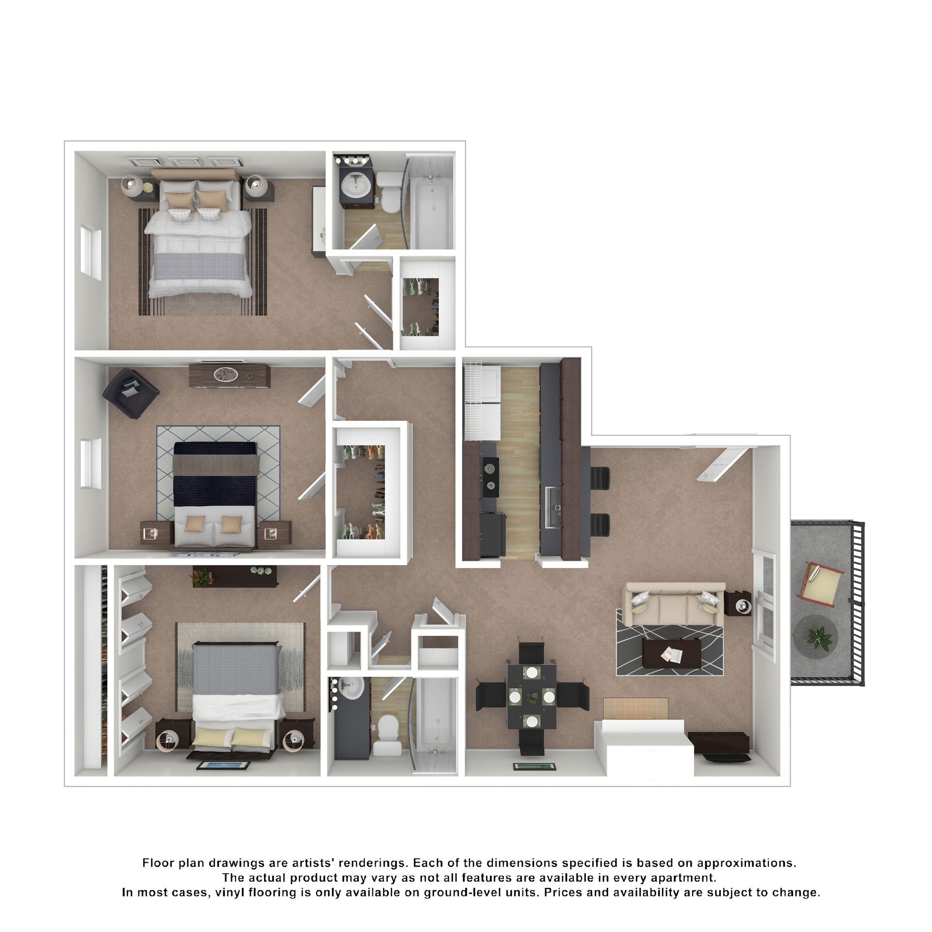 Top-down 3D floor plan of a three-bedroom, two-bathroom apartment with a living room, dining area, kitchen, and balcony.