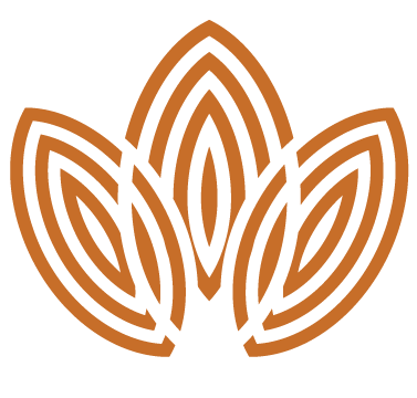A symmetrical, abstract orange logo featuring three stylized, interlaced leaf shapes.