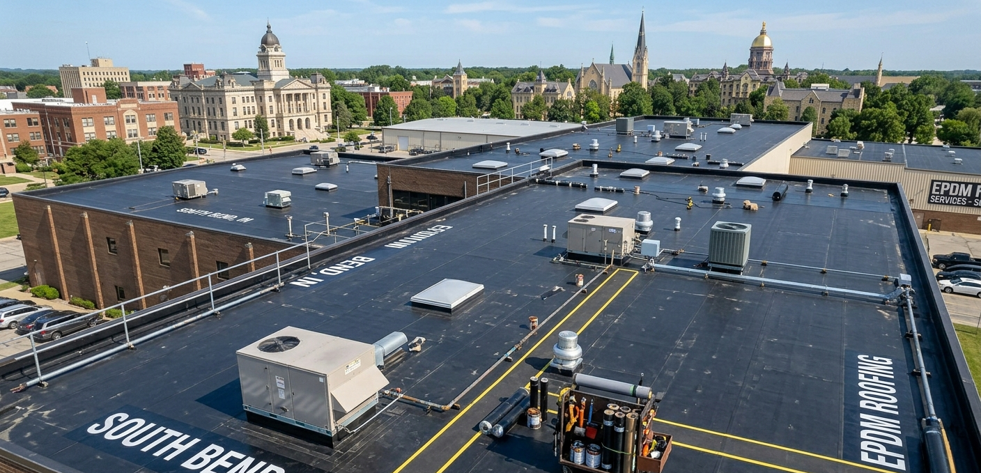 Aerial view of a building rooftop with solar panels, vents, and nearby parked cars and sidewalks.