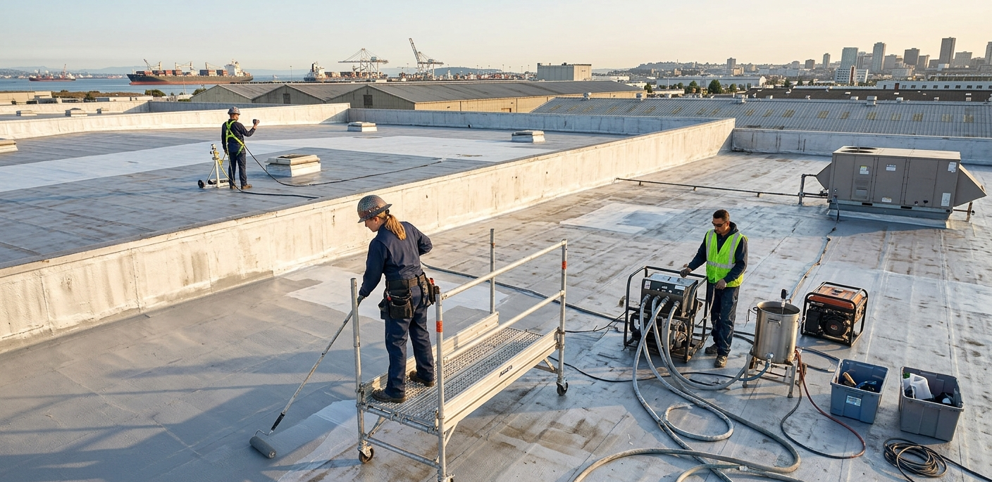 Workers on a rooftop beside solar panels, with a city skyline and waterfront in the distance.