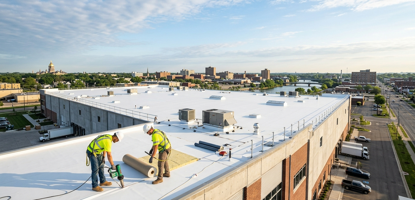 Roof workers installing white roofing on a large commercial building, with a city skyline in the background
