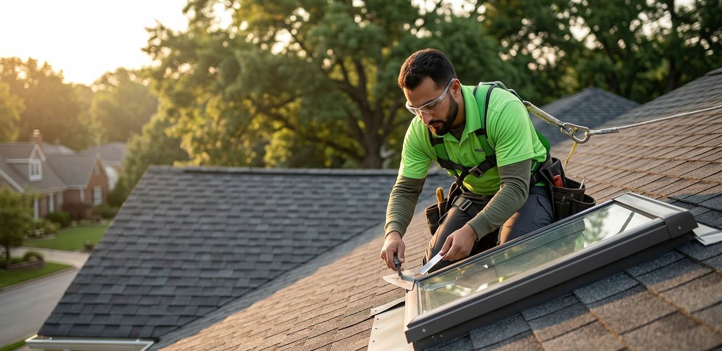 Worker in a neon green shirt repairs shingles on a house roof at sunset.