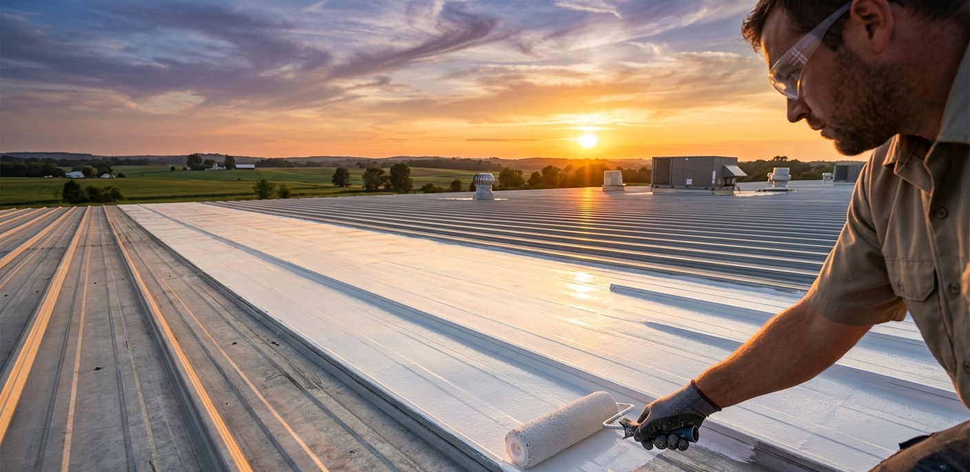 Worker applying coating on a rooftop at sunset