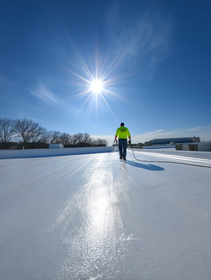 Person in a neon jacket walking on a snowy path under a bright sun