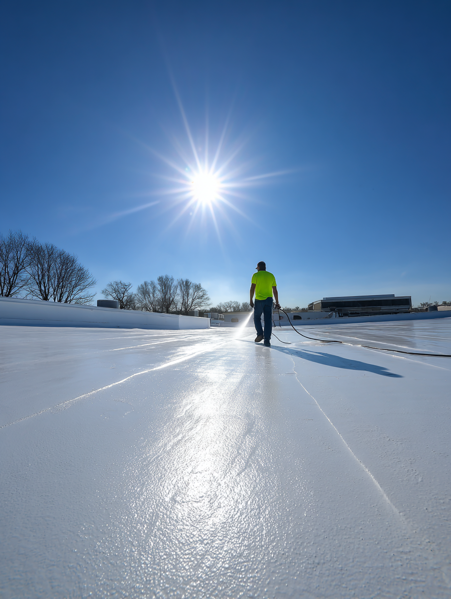 Person in a neon jacket walking on a snowy path under a bright sun, with trees and a building in the distance