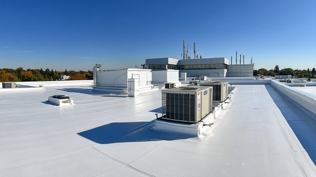Snow-covered flat rooftop with HVAC units and vents under a clear blue sky