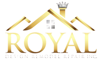 Gold “ROYAL” logo with crown and roofline, for design, remodeling, and repairing services