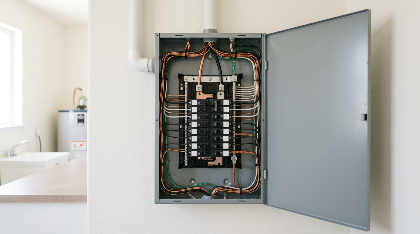 Open electrical breaker panel in a bright bathroom wall