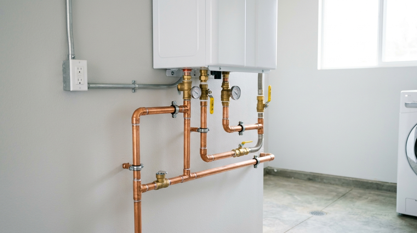 Copper pipes and valves beneath a boiler in a utility room with a washing machine nearby