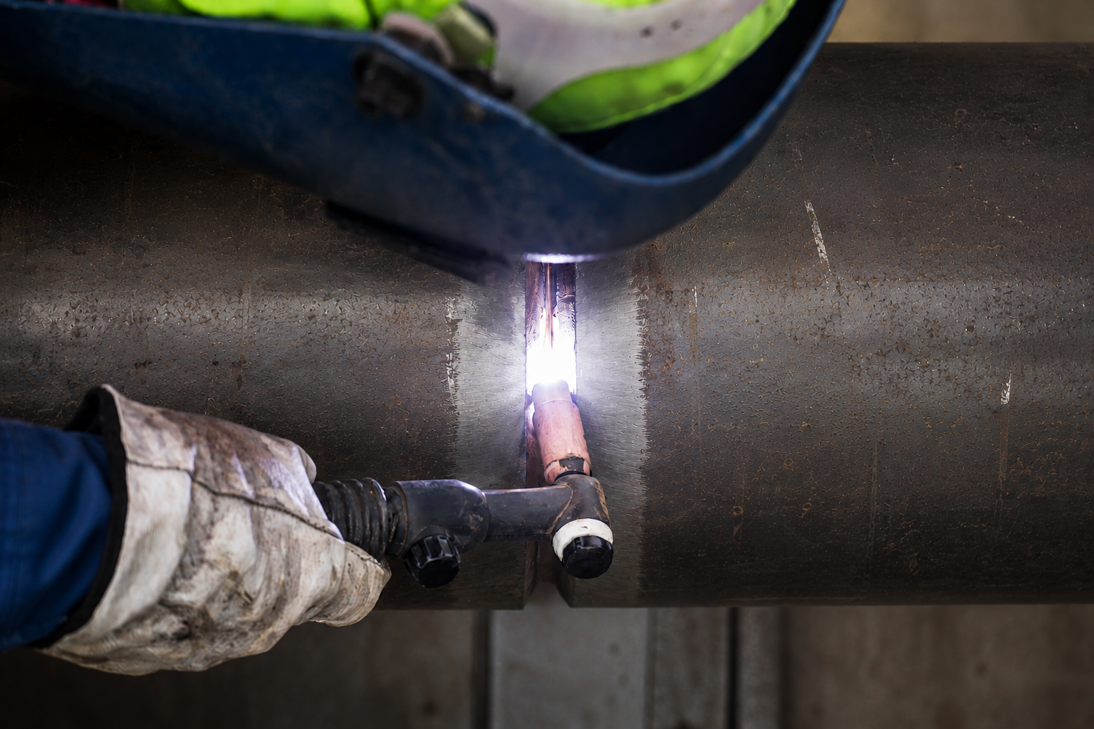 Worker welding a metal pipe joint with bright sparks in an industrial setting