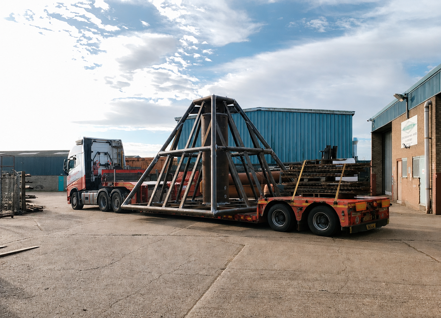 Forklift towing a flatbed trailer loaded with large metal frames in an industrial yard
