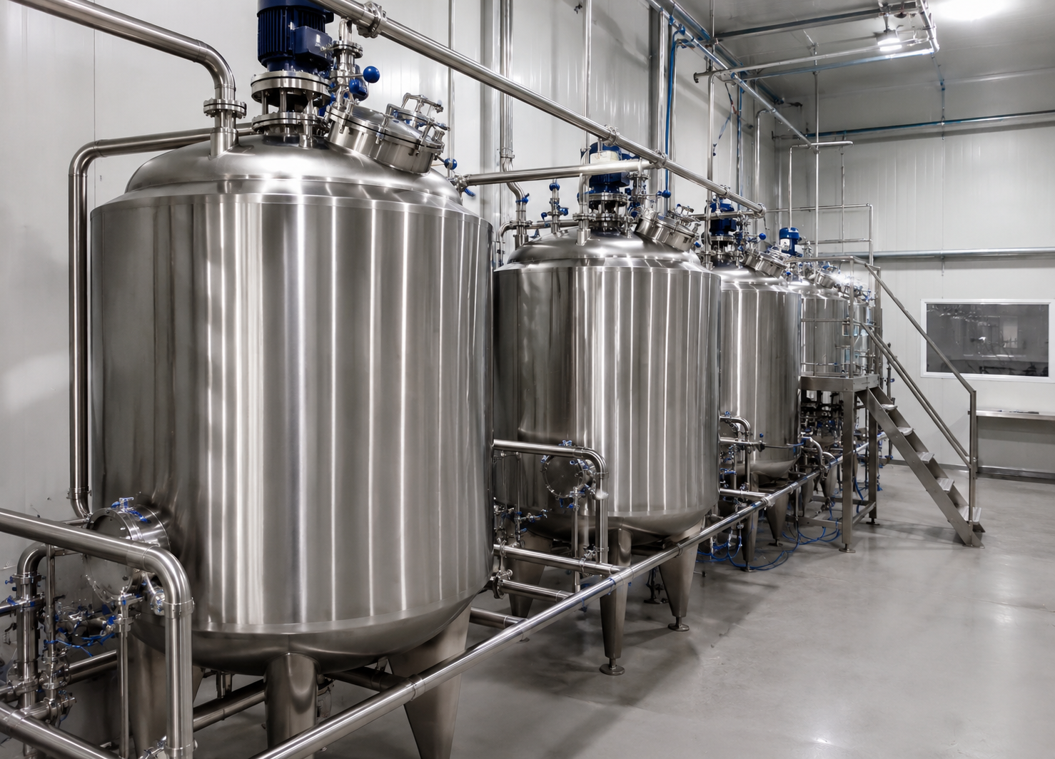 Large stainless steel tanks in an industrial production room, with pipes and metal walkways.