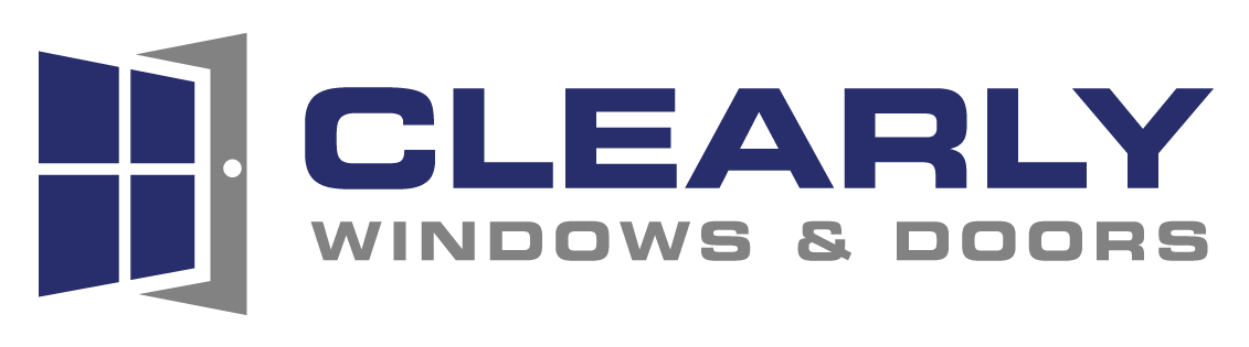 A logo for clearly windows and doors with a picture of a window.