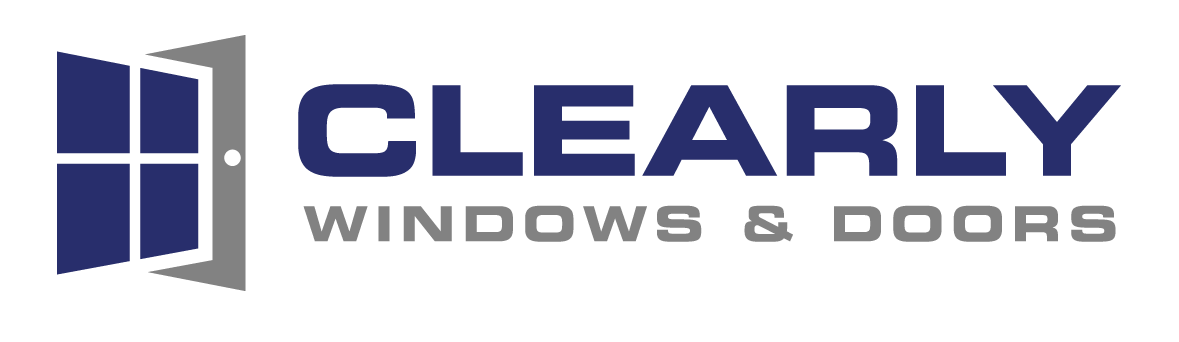 A logo for clearly windows and doors with a picture of a window.