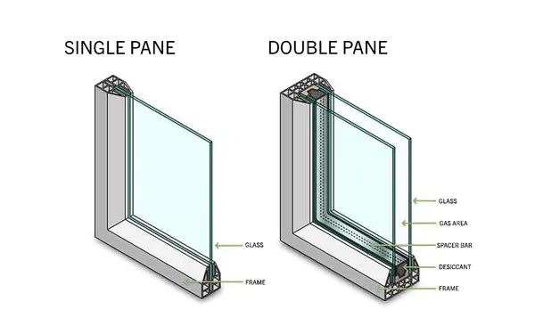 A diagram of a single pane and double pane window