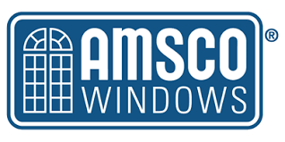 A blue and white logo for amsco windows