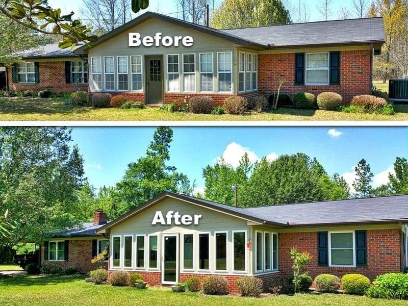 A before and after picture of a brick house