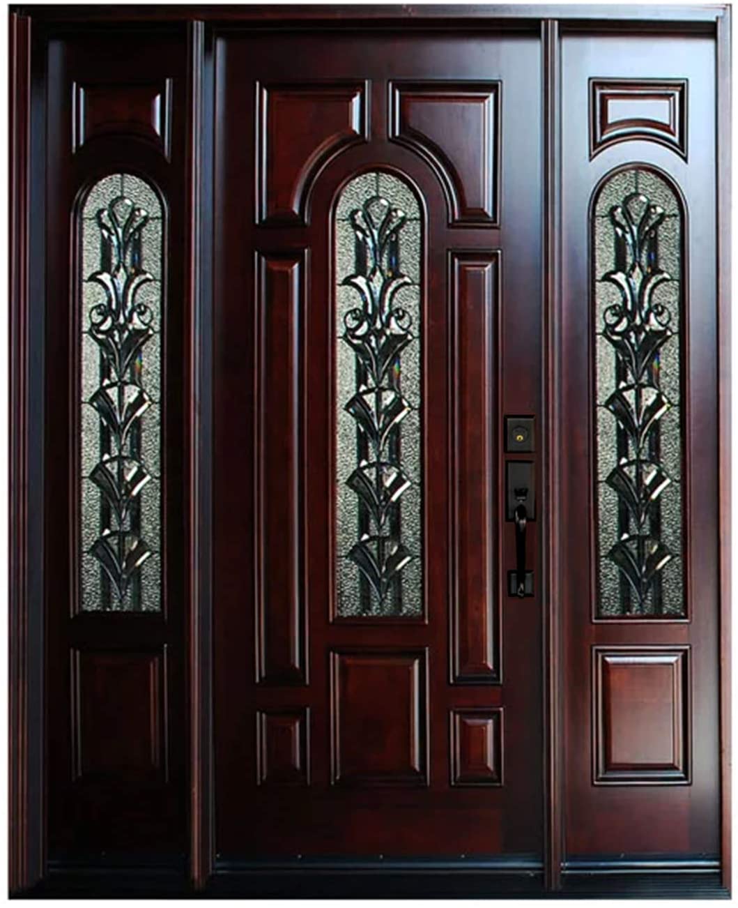 A wooden door with stained glass windows on a white background.