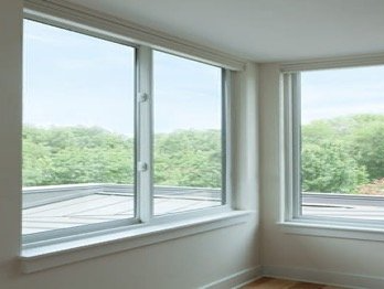 There are two windows in the room with a view of the trees.