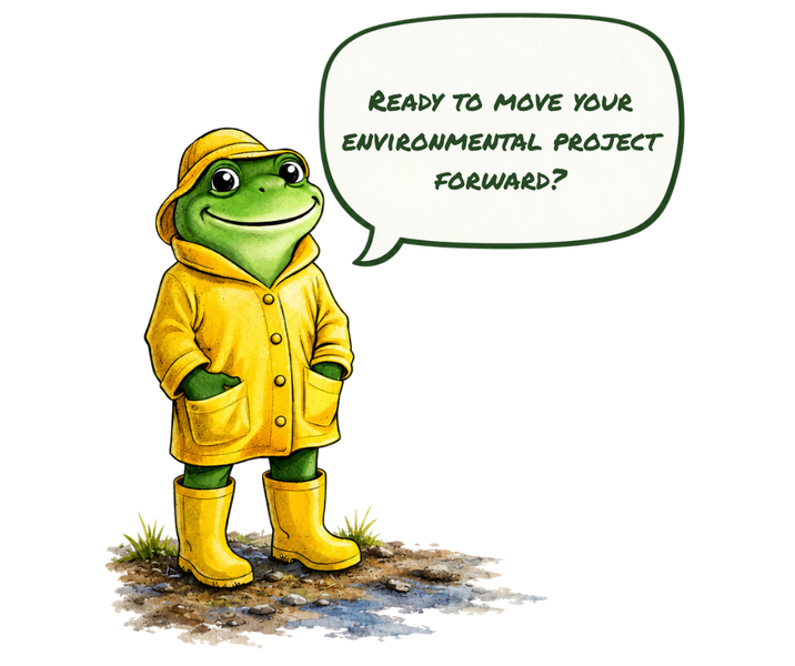 Green frog in a yellow raincoat asks, “Ready to move your environmental project forward?”